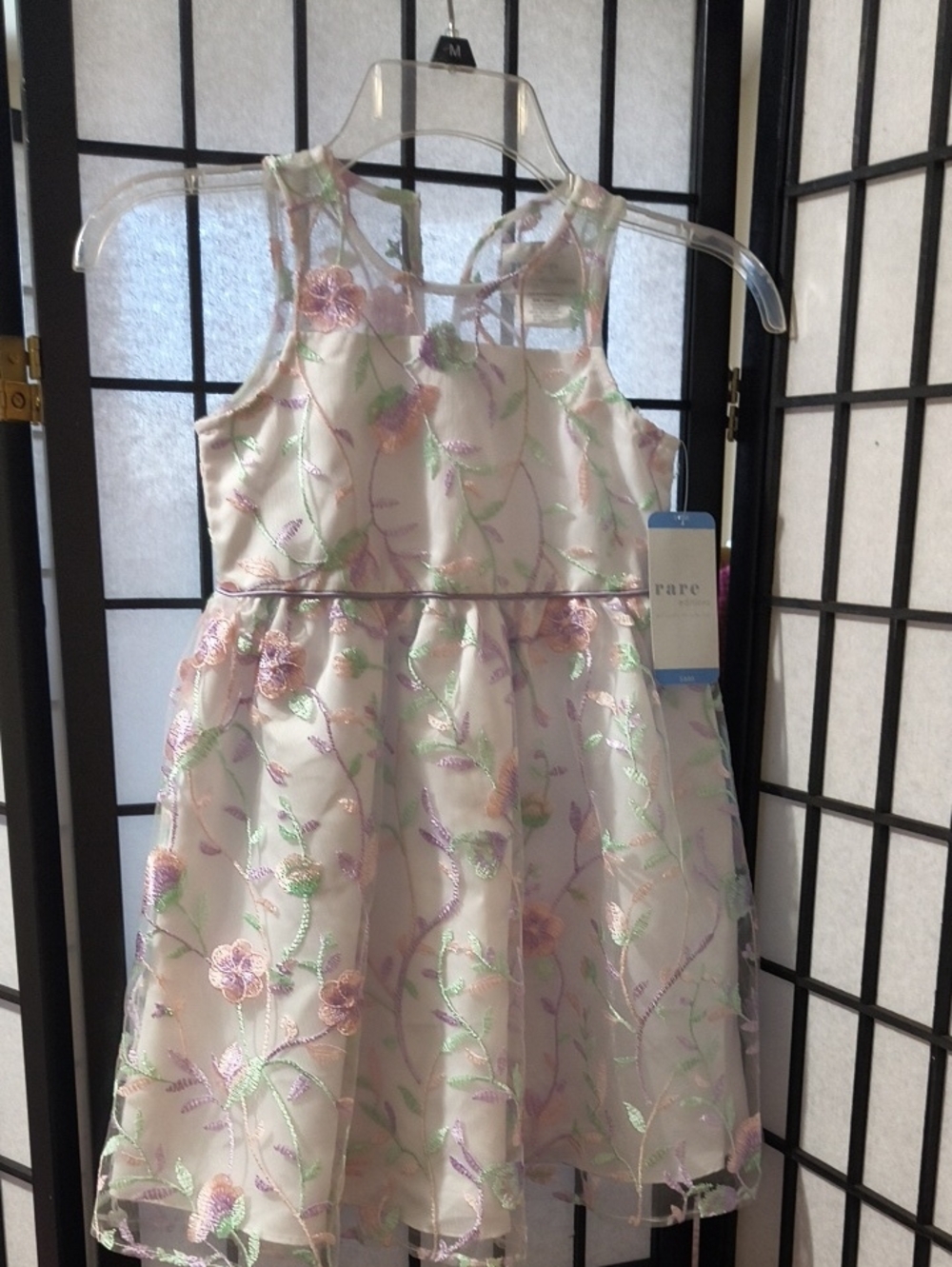 Rare Editions Ivory Dress with Pink & Lavender Floral Embroidery